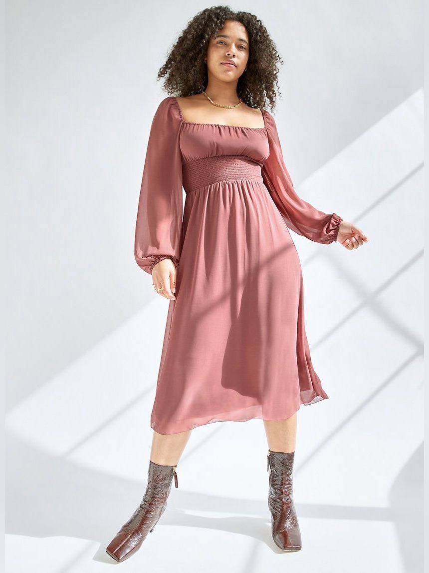 Aritzia Wilfred Bella Dress Beige Sz Large Smocked Bodice High Slit Long Sleeve
